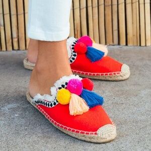 Soludos Red Espadrille Slides with Pom Poms